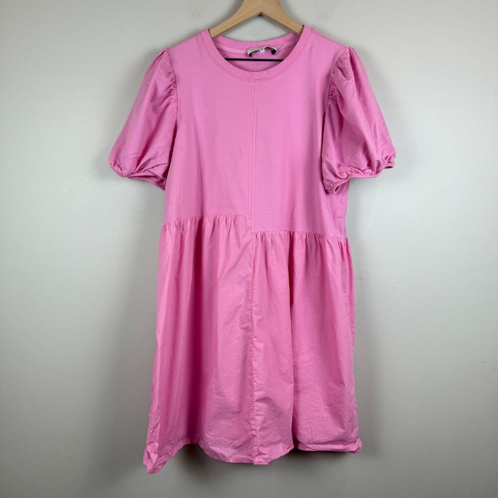 English Factory Mini Dress Womens 1X Plus Pink Puff Sleeve Pleated Preppy Barbie
